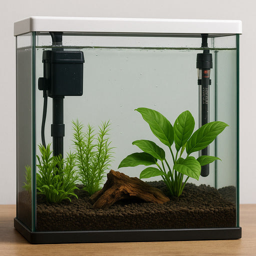 Small aquarium with plants and a piece of wood on a wooden surface